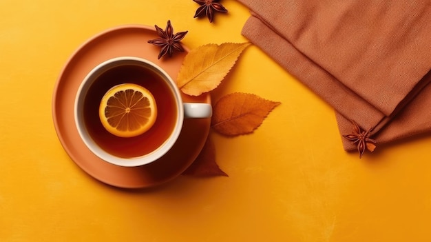 Autumn mood concept top view zdjęcie filiżanki herbaty z kawałkiem cytryny