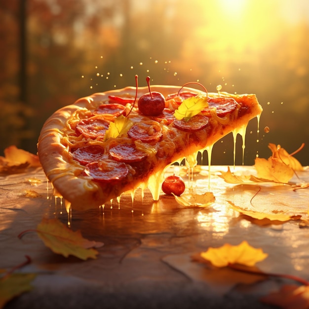 Autumn promotional banner Piece pepperoni pizza z jesiennymi liśćmi w przyrodzie