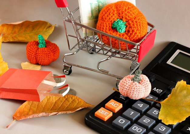 Autumn sale layout on light background shopping basket next to coins orange yarn pumpkins leaves