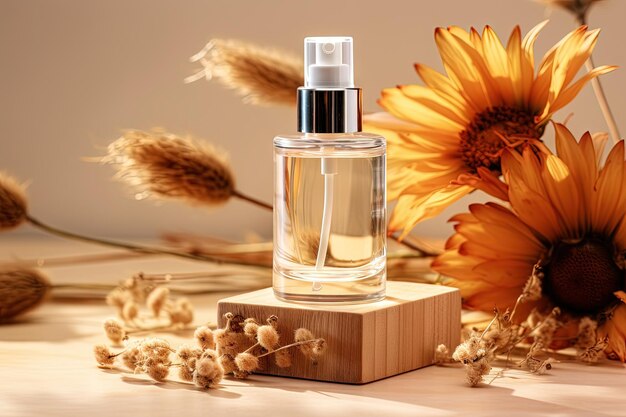 Autumn themed organic skincare presentation Transparent glass dropper bottle on wooden disk with dri