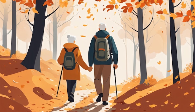 Autumn Trek Minimalistyczna ilustracja starszej pary