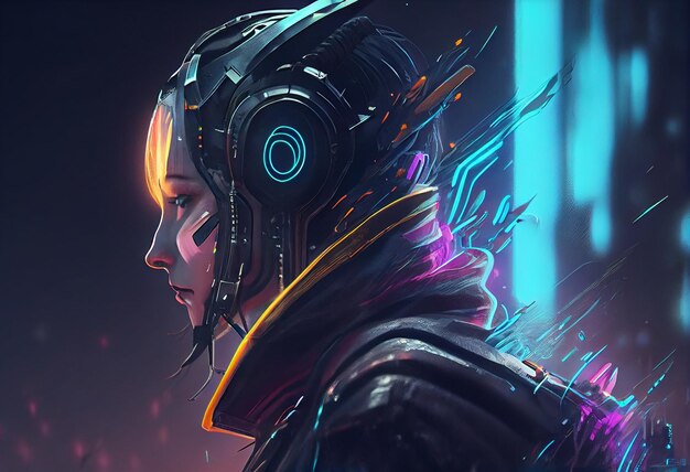 Avatar mężczyzna z neonowymi słuchawkami słucha muzyki futurystyczny i cyberpunk styl koncepcji Wysokiej jakości ilustracja