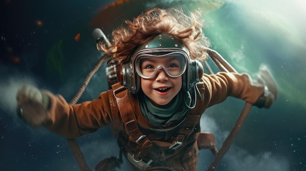 Aviator Girl podekscytowany latający nad chmurami na niebie Weber Generative AI image