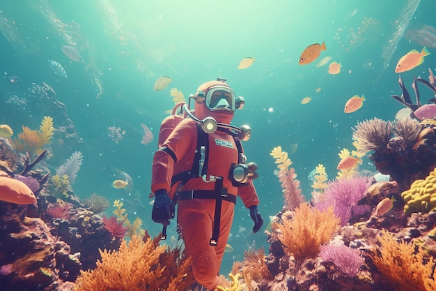 awatar w skafandrze do nurkowania eksplorujący żywy kolor generowany przez sztuczną inteligencję