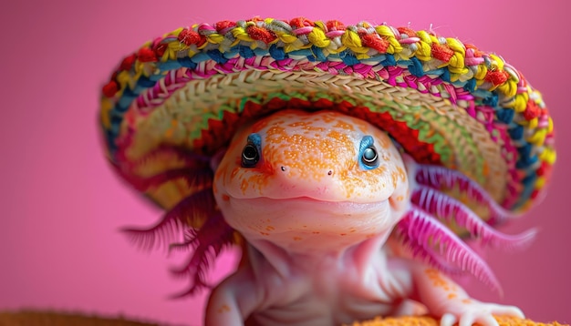 Zdjęcie axolotl noszący kolorowe sombrero na różowym tle dziwaczna i zabawna scena