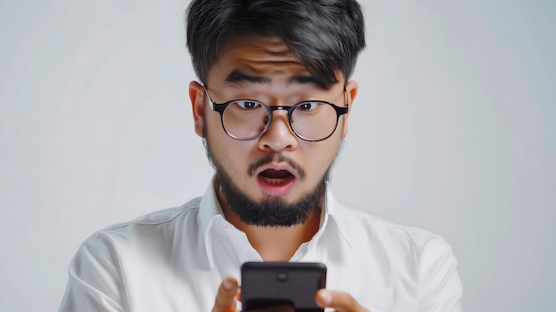 Azjat z brodą i okularami w białej koszuli wykazuje zaskoczoną reakcję na telefon komórkowy
