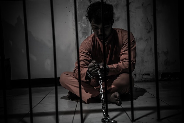 Azjata zdesperowany na żelaznym więzieniu koncepcja więźnia ludzie z TajlandiiMam nadzieję, że będę wolnyPoważni więźniowie uwięzieni w więzieniu