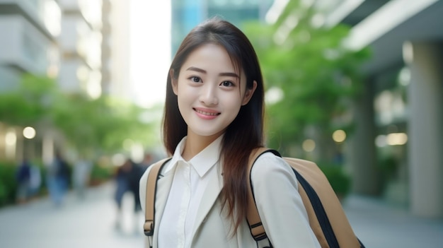 Azjatka idzie do pracy w biurze i uśmiechnięta nosi plecak patrzy na kamerę na ulicy wokół budynku w mieście koncepcja dojazdu biznesowego