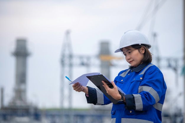 Azjatka inżynierka petrochemiczna pracująca w rafinerii ropy naftowej i gazu fabryka przemysłu fabryka pracownika ludzi inżynier pracy kontrola w elektrowni przemysł energetyczny produkcyjny