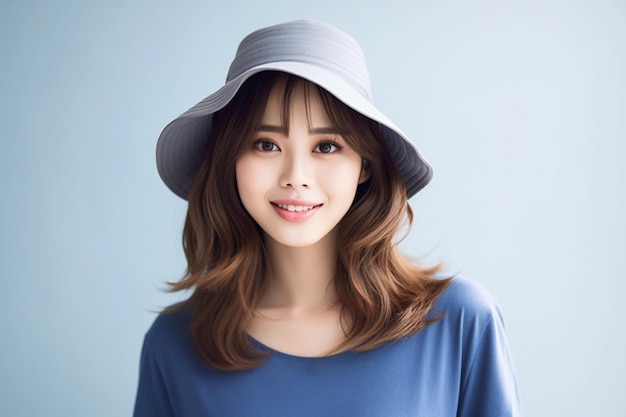 Azjatka ma na sobie niebieską koszulkę i kapelusz, uśmiechając się na białym tle