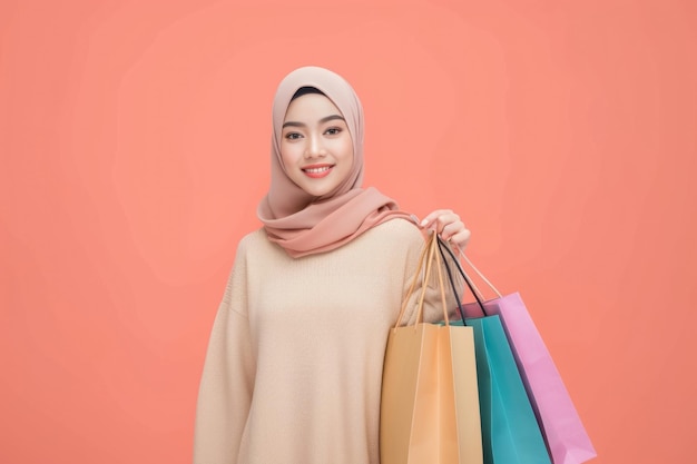 Azjatka muzułmańska świętuje Światowy Dzień Praw Konsumentów z torbami na zakupy