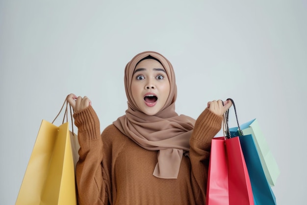Azjatka muzułmańska w hidżabie z torbami na zakupy i zdziwionym wyrazem twarzy