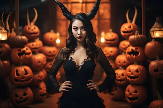 Azjatka nosząca rogi diabła w stroju halloweenowym na tle domu nawiedzonego
