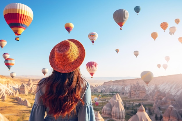 Azjatka oglądająca balony na gorące powietrze w Kapadocji w Turcji