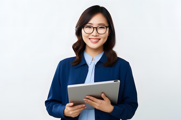 Azjatka pracująca w firmie z okularami uśmiecha się i trzyma cyfrowy tablet izolowany na białym