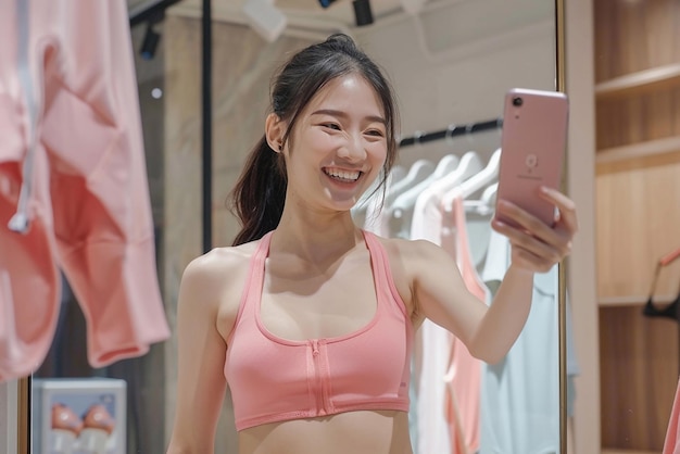 Azjatka robiąca selfie w odzieży sportowej