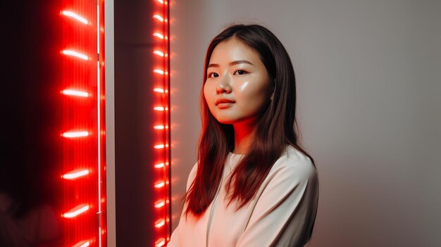 Azjatka robiąca terapię czerwonym światłem z panelem Generatywna sztuczna inteligencja