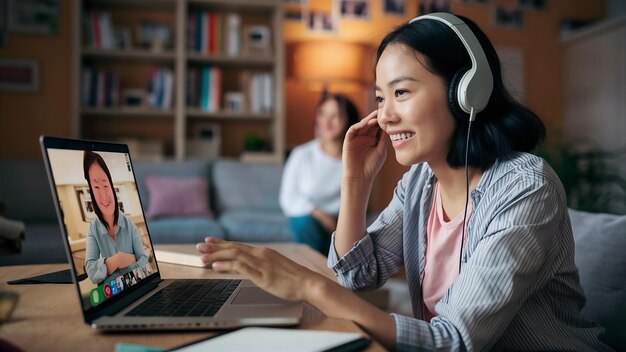 Azjatka studentka wideo konferencja e-learning z nauczycielem na komputerze w salonie w domu