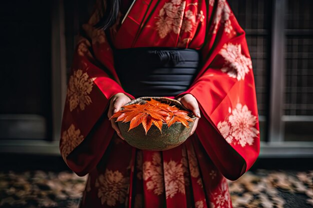 Zdjęcie azjatka trzymająca miskę z liśćmi i nosząca na ramionach czerwoną szatę kimono