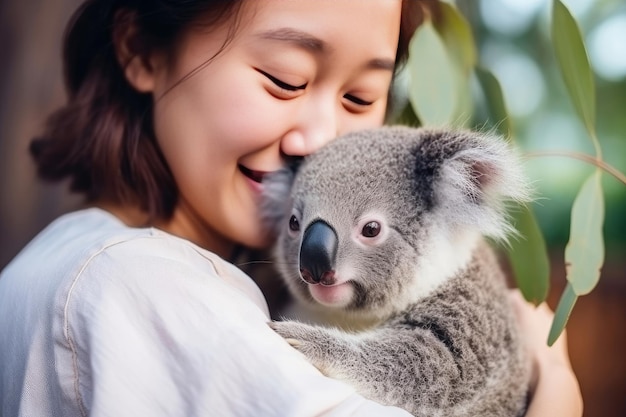 Azjatka uściskająca koalę w lesie symbolizującym współistnienie