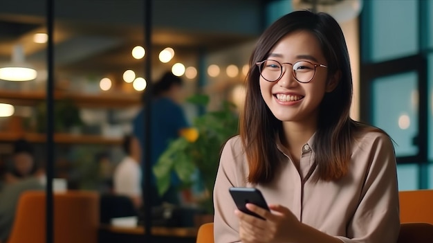 Azjatka uśmiecha się do sukcesu sprzedaży po sprawdzeniu zamówienia z Internetu