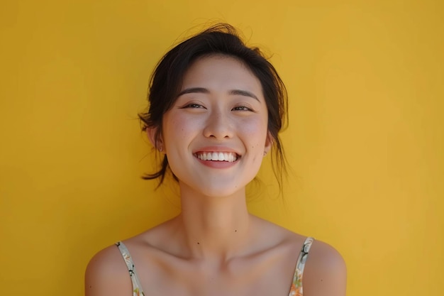 Azjatka uśmiechająca się na żółtym tle