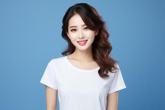 Azjatka w białej koszulce uśmiechająca się na niebieskim tle