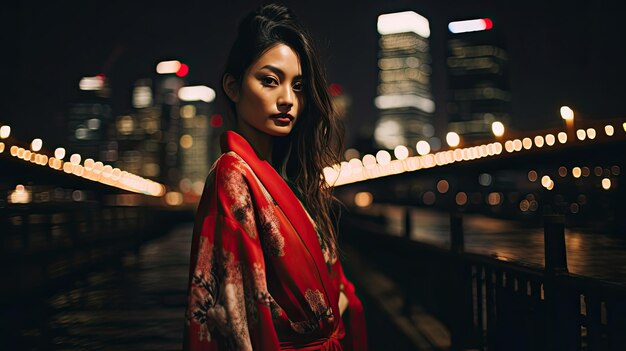 Azjatka w czerwonym kimono w nocy w mieście