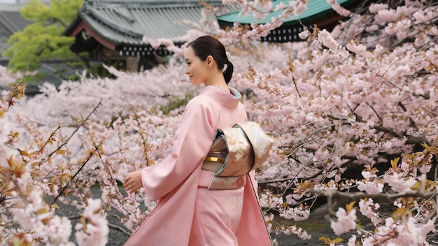 Zdjęcie azjatka w japońskim tradycyjnym kimono i kwiatach wiśni w świątyni kyoto w japonii