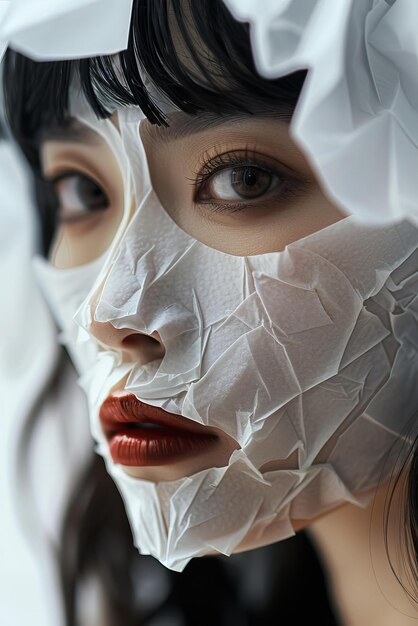 Zdjęcie azjatka z białym papierem na twarzy