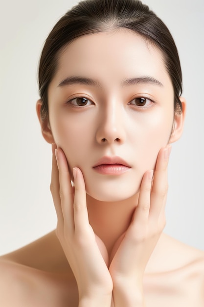 Azjatka z piękną twarzą dotykająca zdrową pielęgnację skóry