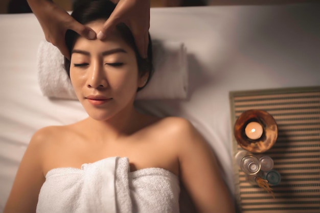 Azjatki piękna kobieta śpi spa i relaksujący masażCzas relaksu po zmęczonych ciężką pracą Tajlandia