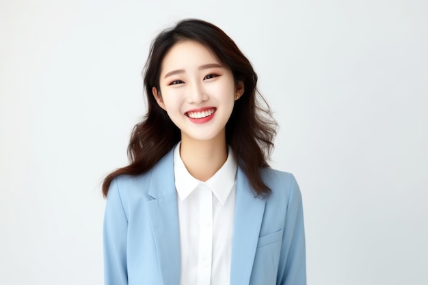 Azjatycka biznesowa kobieta śmieje się na sobie jasnoniebieski garnitur