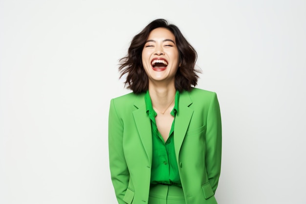 Azjatycka biznesowa kobieta śmieje się na sobie zielony garnitur