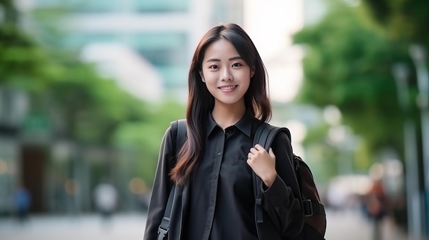 Azjatycka bizneswoman idzie do pracy przy stoisku biurowym i uśmiecha się, nosząc plecak na ulicy wokół budynku w mieście