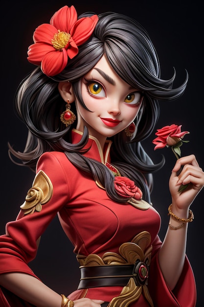 Azjatycka chińska piękność w czerwonych klasycznych ubraniach z kwiatami w stylu kreskówek anime