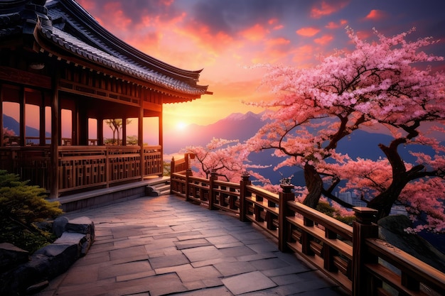 Azjatycka drewniana pagoda obok kwitnących wiśni i odległych śnieżnych gór przy zachodzie słońca
