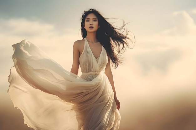 Azjatycka dziewczyna w białej sukience wśród chmur Sieć neuronowa AI generowana