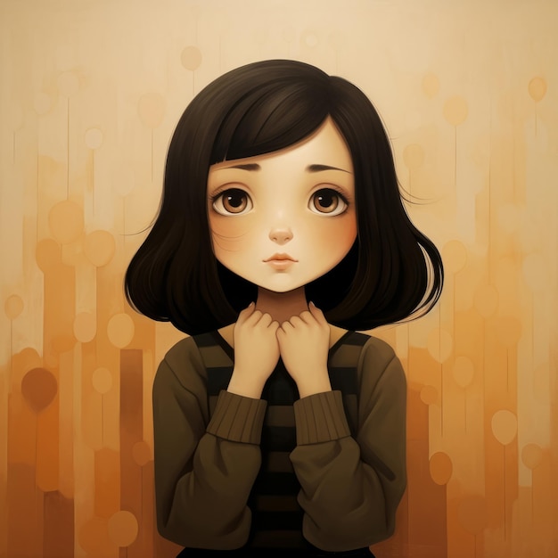 Azjatycka dziewczyna w myśleniu i wątpliwości ilustracja kreskówka Słodkie dziecko postać z marzycielskiej twarzy na abstrakcyjnym tle Ai wygenerowany jasny narysowany kolorowy plakat