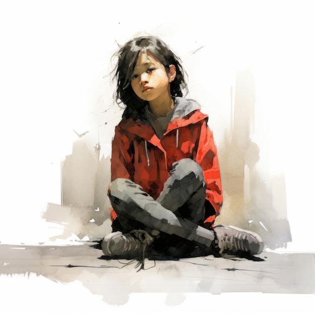Azjatycka dziewczyna w myśleniu i wątpliwościach akwarela ilustracja Młoda kobieta postać z marzycielską twarzą na abstrakcyjnym tle Ai wygenerował jasny, narysowany kolorowy plakat