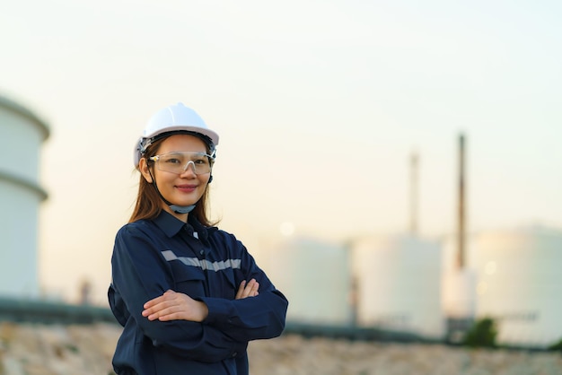 Azjatycka kobieta inżynier skrzyżowana na ramieniu i uśmiechnięta z ufnością w przyszłość z fabryką rafinerii ropy naftowej w tle.