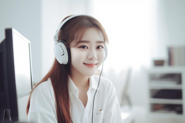 Azjatycka kobieta ma na sobie słuchawki i uśmiecha się