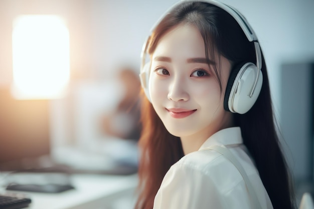 Azjatycka kobieta ma na sobie słuchawki i uśmiecha się