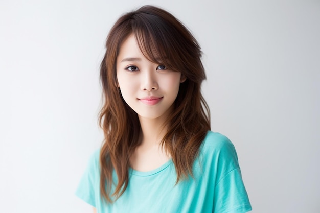 Azjatycka kobieta nosi niebieską koszulkę uśmiechając się na białym tle