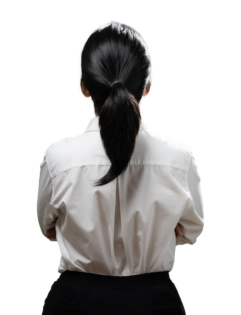 Azjatycka kobieta palec punkt nosić białą koszulę widok z tyłu na białym tle