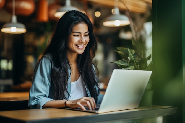 Azjatycka kobieta pracuje na laptopie ono uśmiecha się