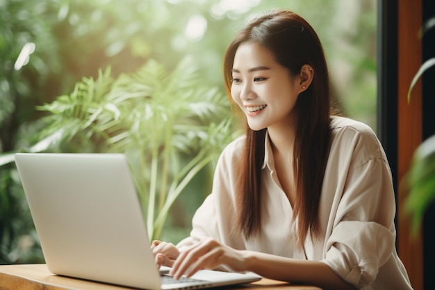 Azjatycka kobieta pracuje na laptopie ono uśmiecha się