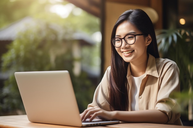 Azjatycka kobieta pracuje na laptopie ono uśmiecha się