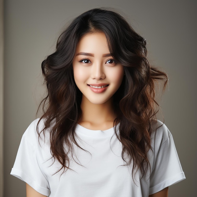 Azjatycka kobieta ubrana w swobodną koszulkę z radosnym uśmiechem na białym tle na dzień uśmiechu