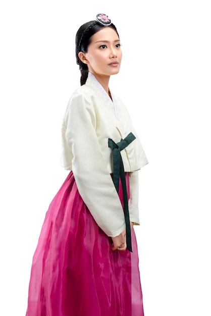 Azjatycka kobieta ubrana w tradycyjny koreański strój narodowy Hanbok